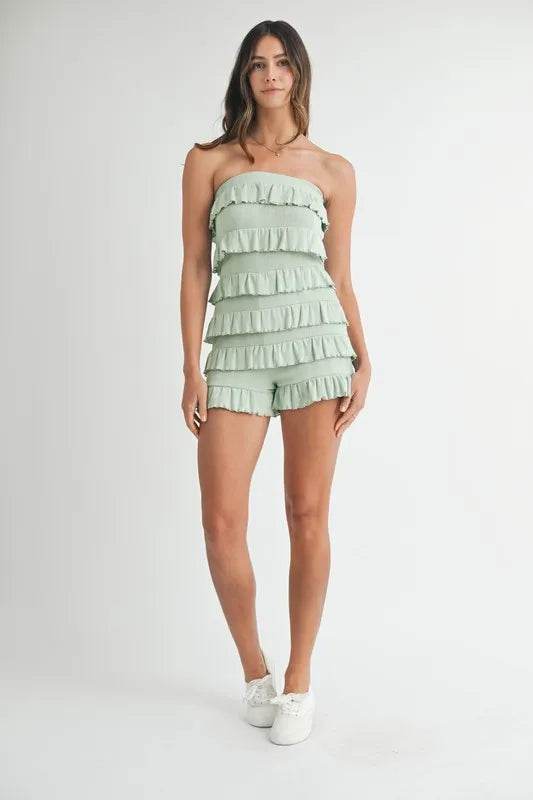 MABLE Pointelle Knit Fabric Ruffled Tube Romper