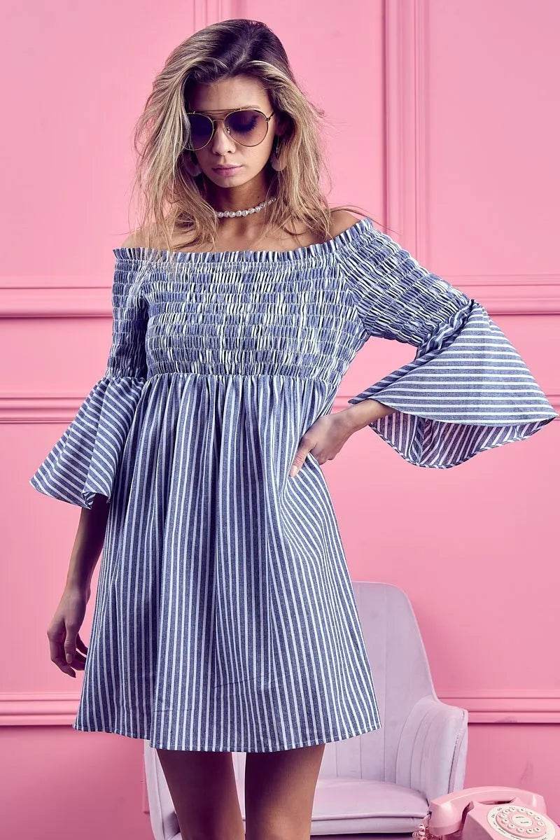 BiBi Smocked Off Shoulder Striped Dress