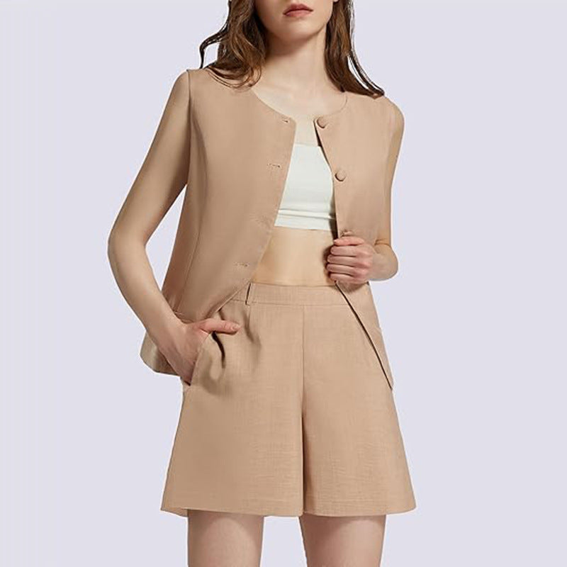 2-piece Sleeveless Round Neck Button High-waisted Trousers Business Work Suits