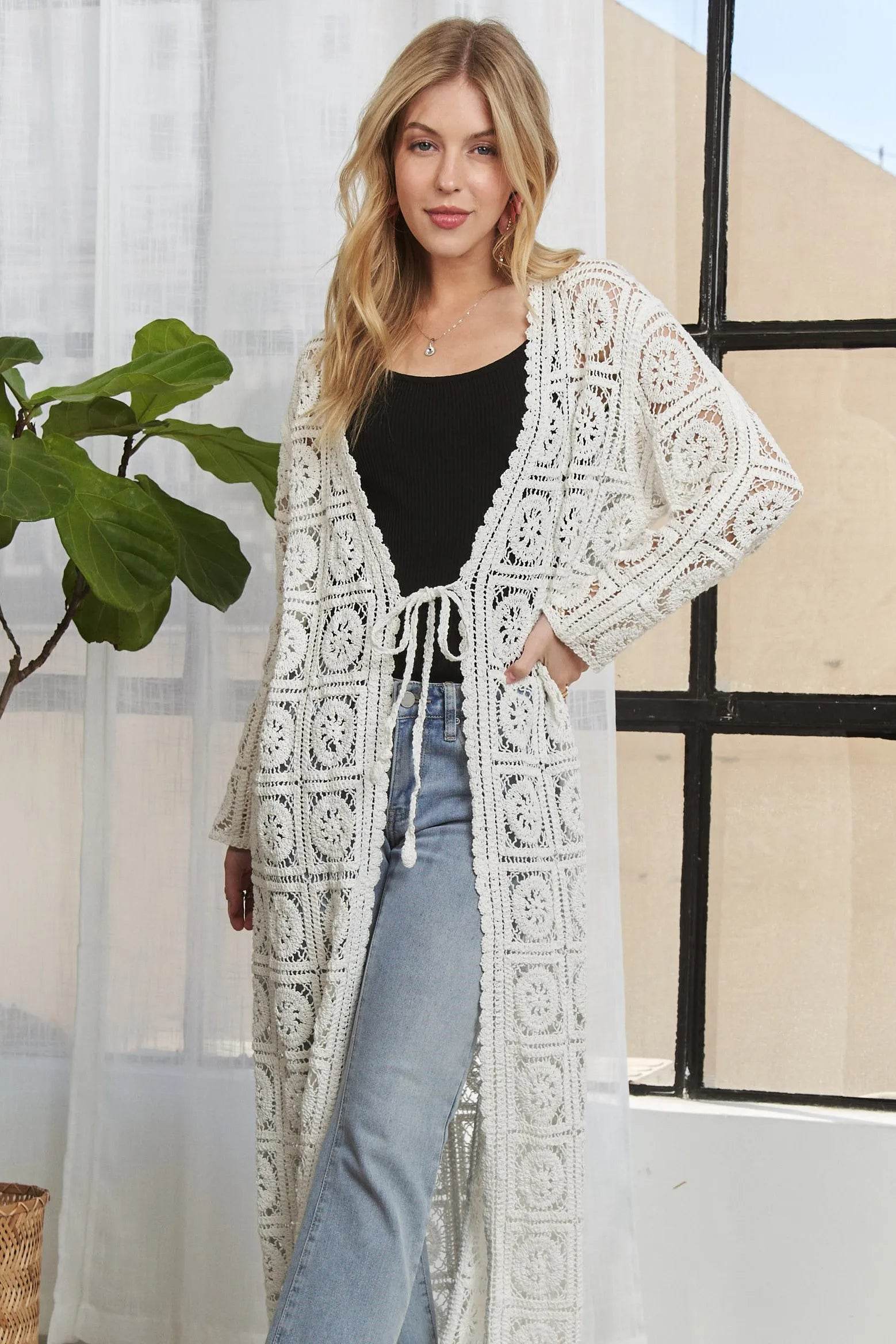 ADORA Long Sleeves Crochet Elastic Cardigan