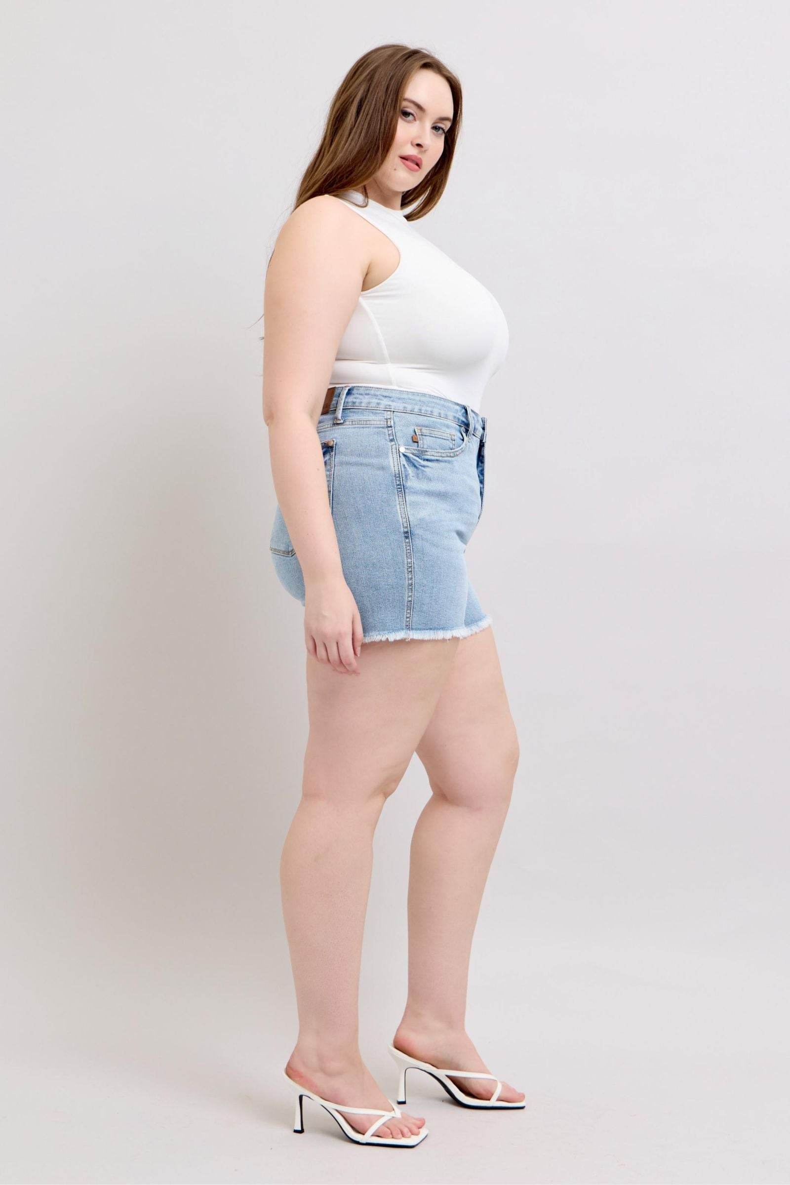 Judy Blue Full Size Tummy Control Raw Hem Denim Shorts Plus Size