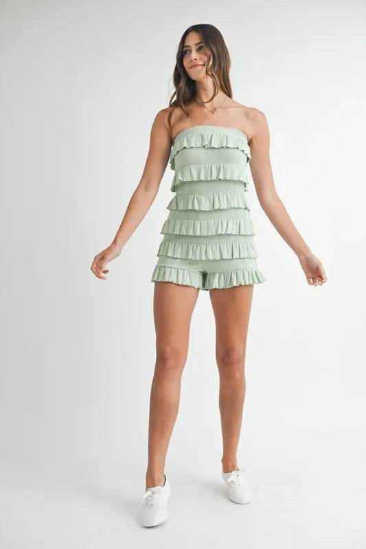 MABLE Pointelle Knit Fabric Ruffled Tube Romper