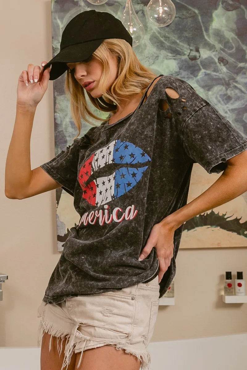 BiBi Laser Cut Mineral Washed Old Glory Lip Print Top