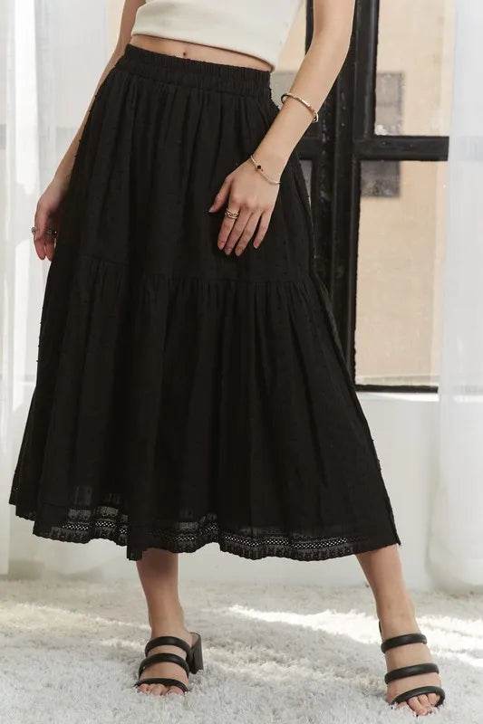 ADORA Elastic Waistband Tiered Midi Skirt