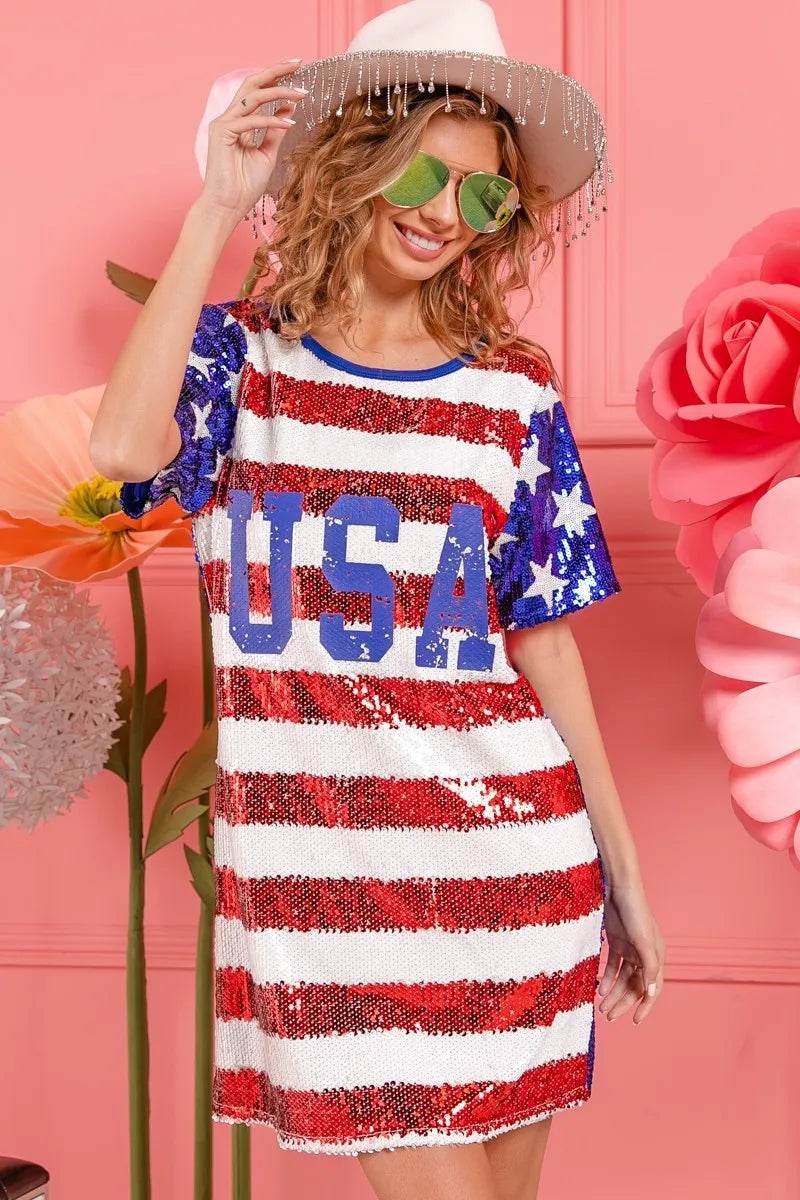 BiBi American Flag Theme Usa Print Sequin Dress