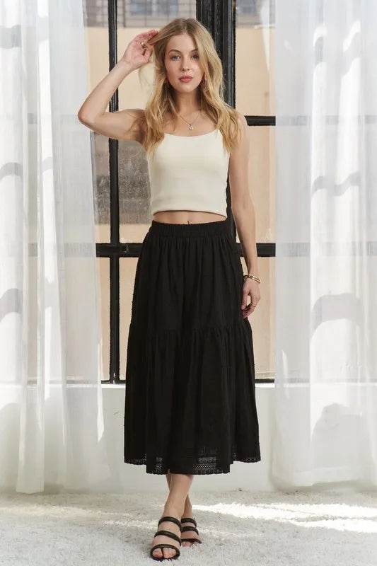 ADORA Elastic Waistband Tiered Midi Skirt