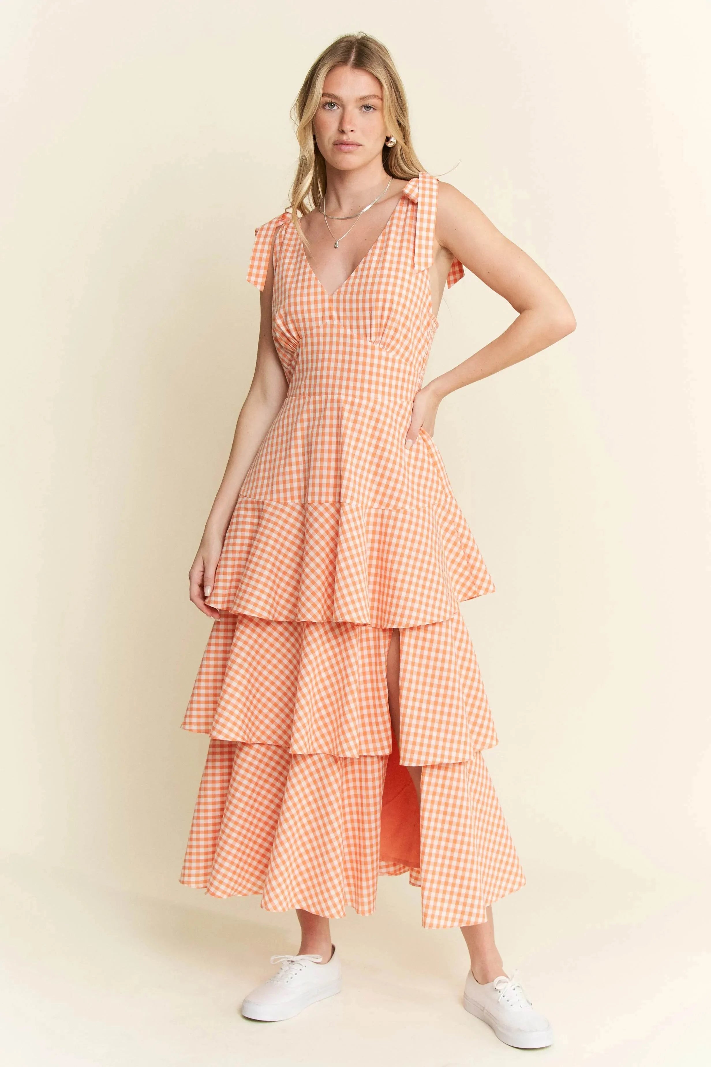 Jade By Jane Sleeveless Gingham Print Tiered Midi Dress