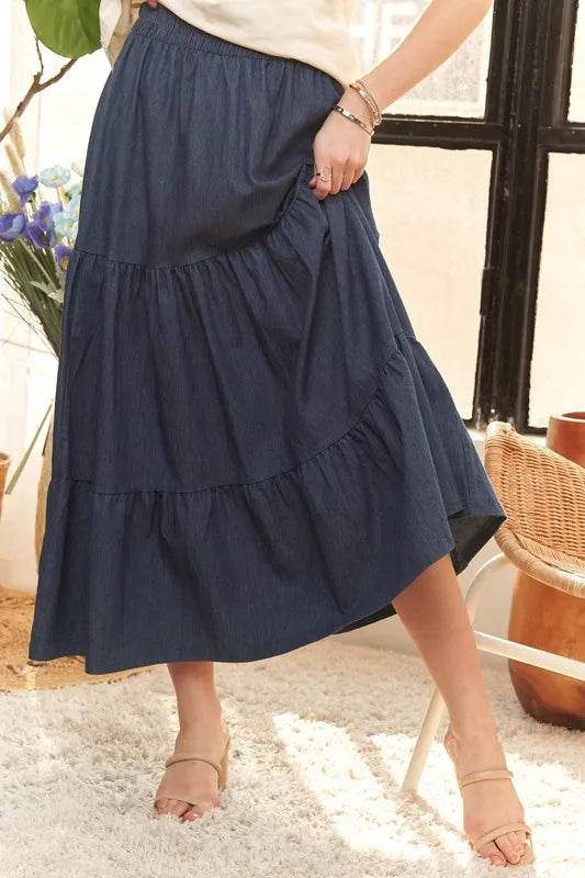 ADORA Waist Band Tiered Denim Maxi Skirt