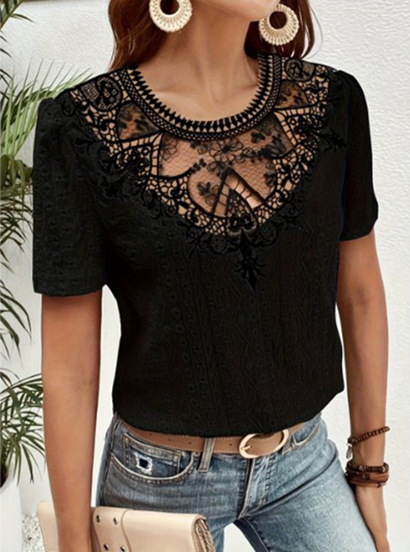 Lace Stitching Hollow Round Neck Solid Color Short Sleeve
