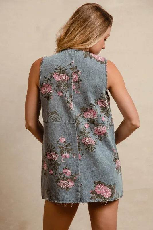 BiBi Floral Print Washed Denim Long Rider Vest