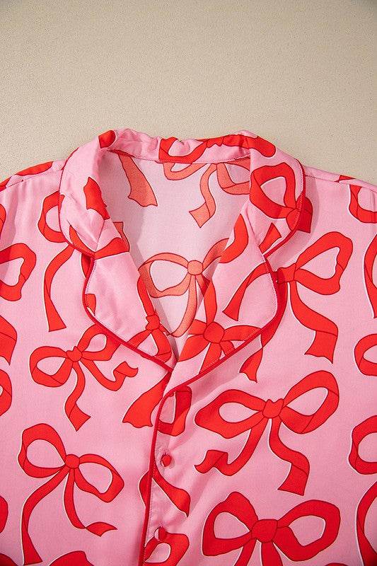 2pcs Bow Print Shirt Style Long Sleeve Pajama Set