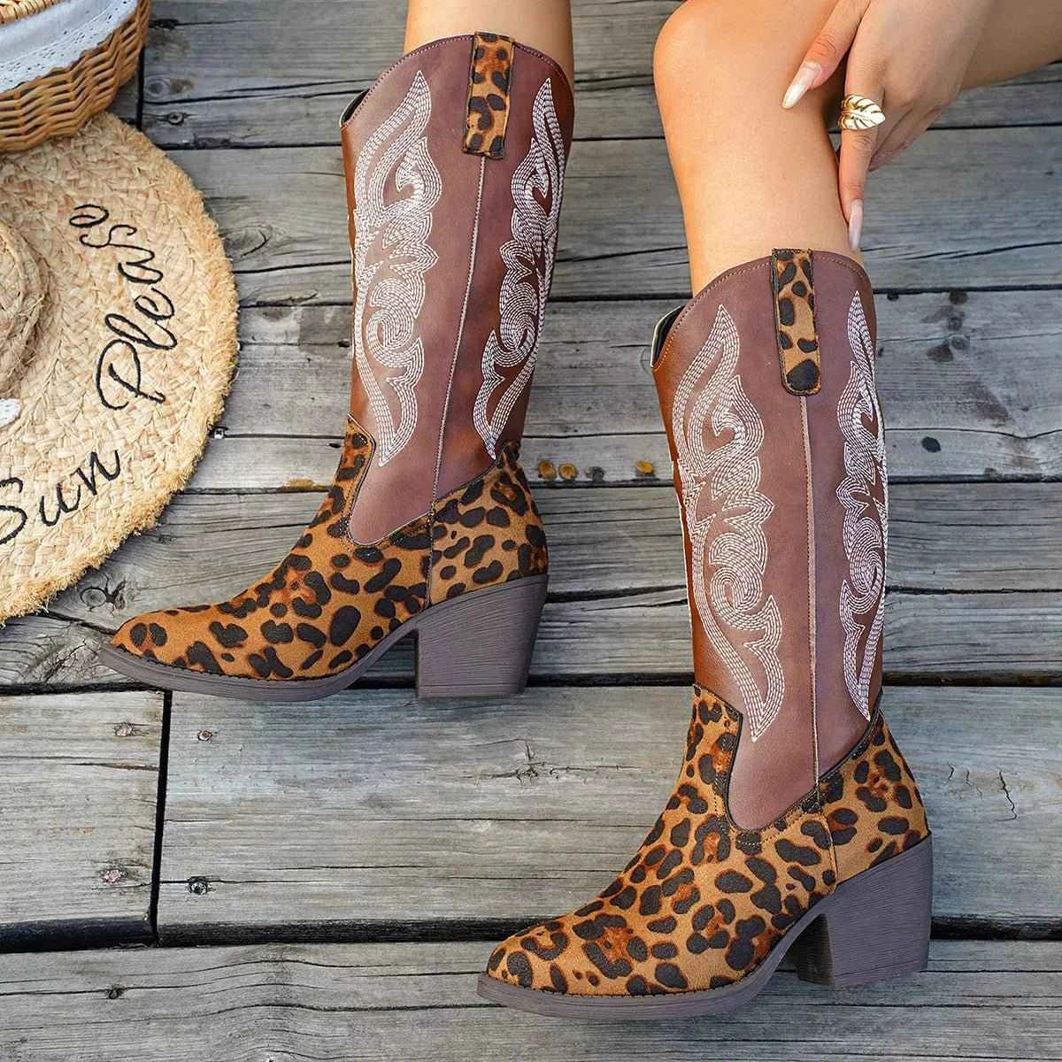 Brown Western Embroidered : Mid-Calf Boots
