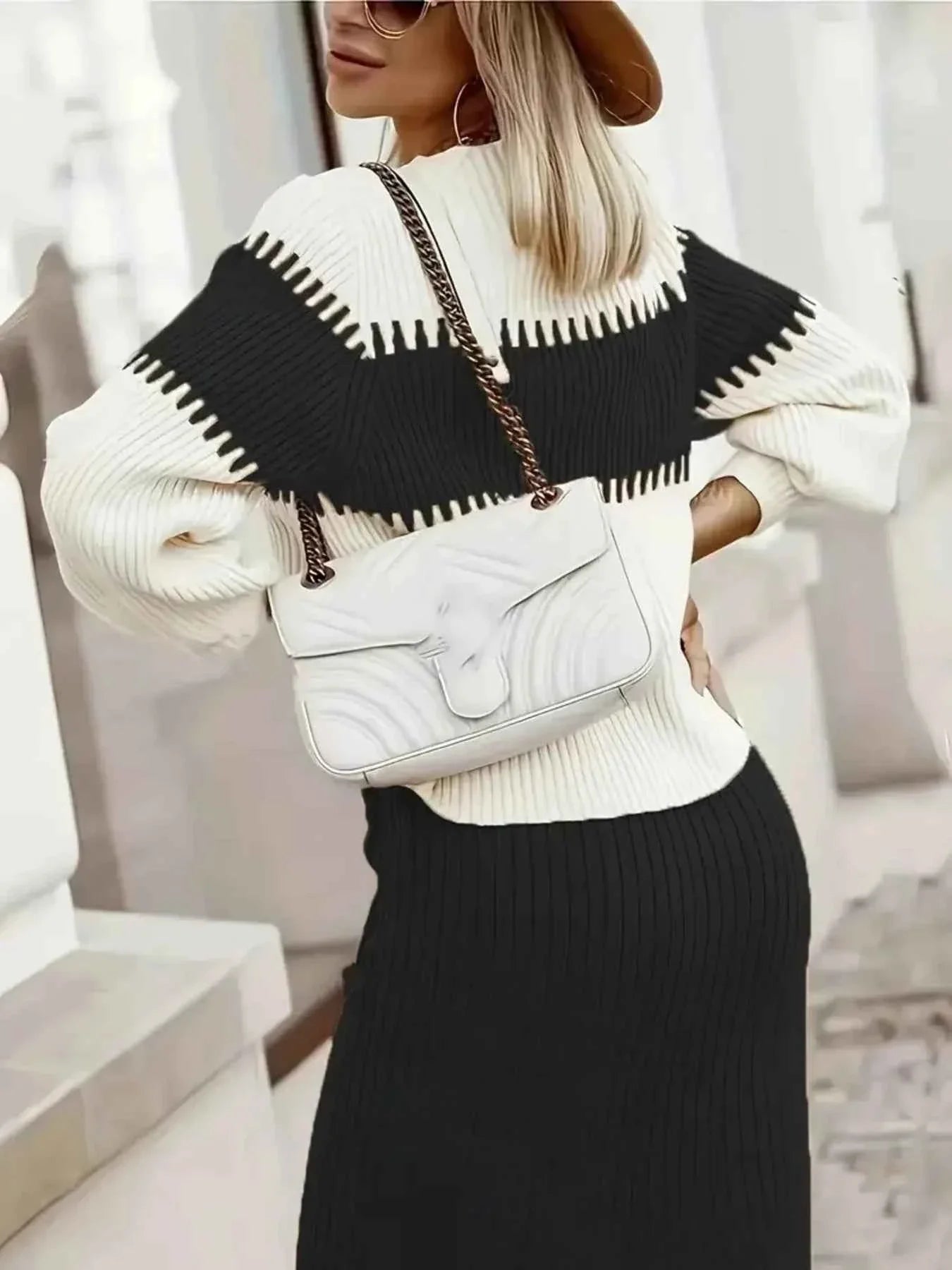 Two-Tone Ribbed Knit Top and Skirt Sweater Dress