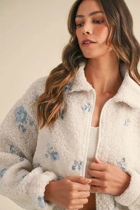 MABLE Floral Embroidered Fleece Teddy Jacket