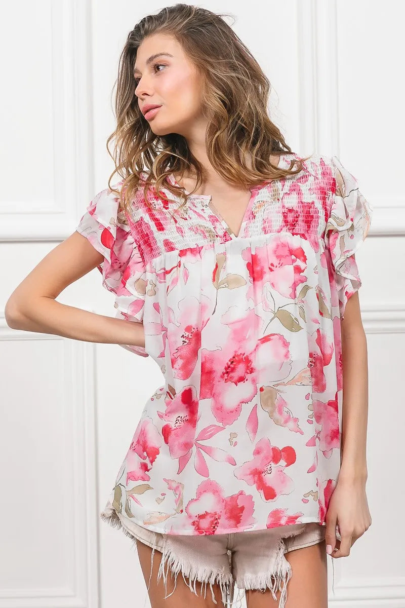 BiBi Floral Print Flutter Sheer Top