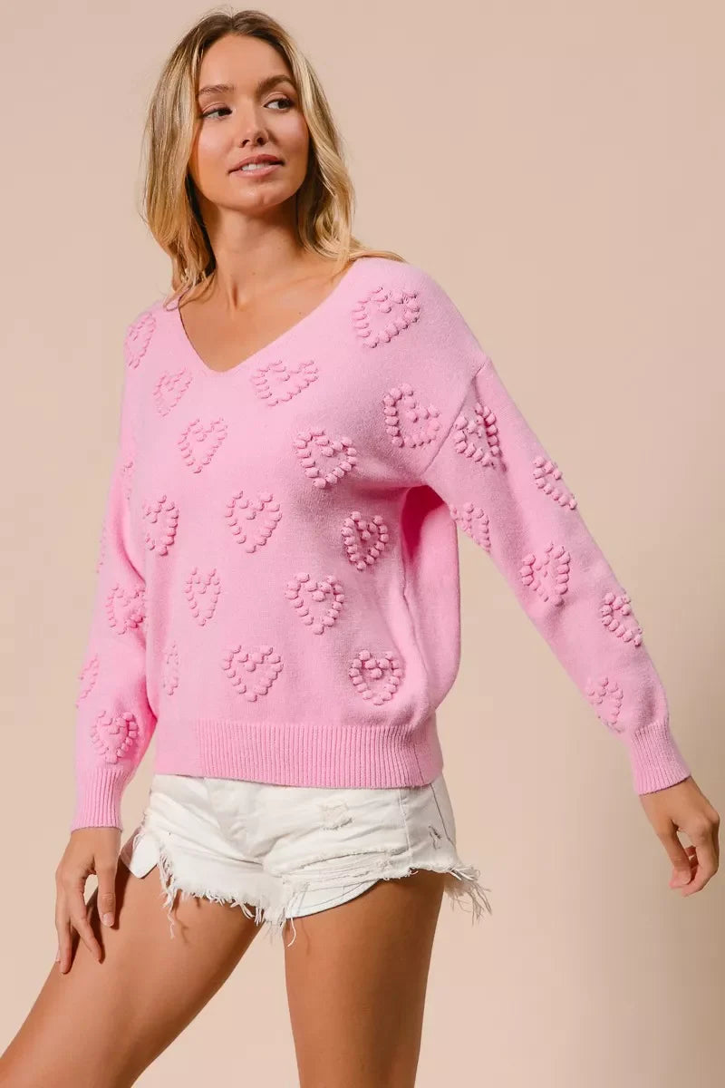 BiBi Valentines Heart Pompom V Neck Knit Top