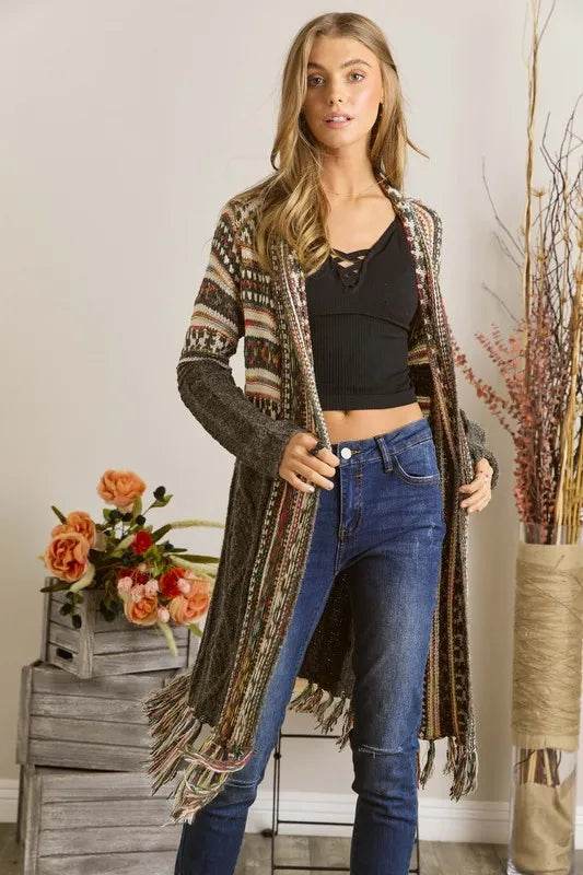 ADORA Full Size Fringe Hem Aztec Cardigan Plus Size