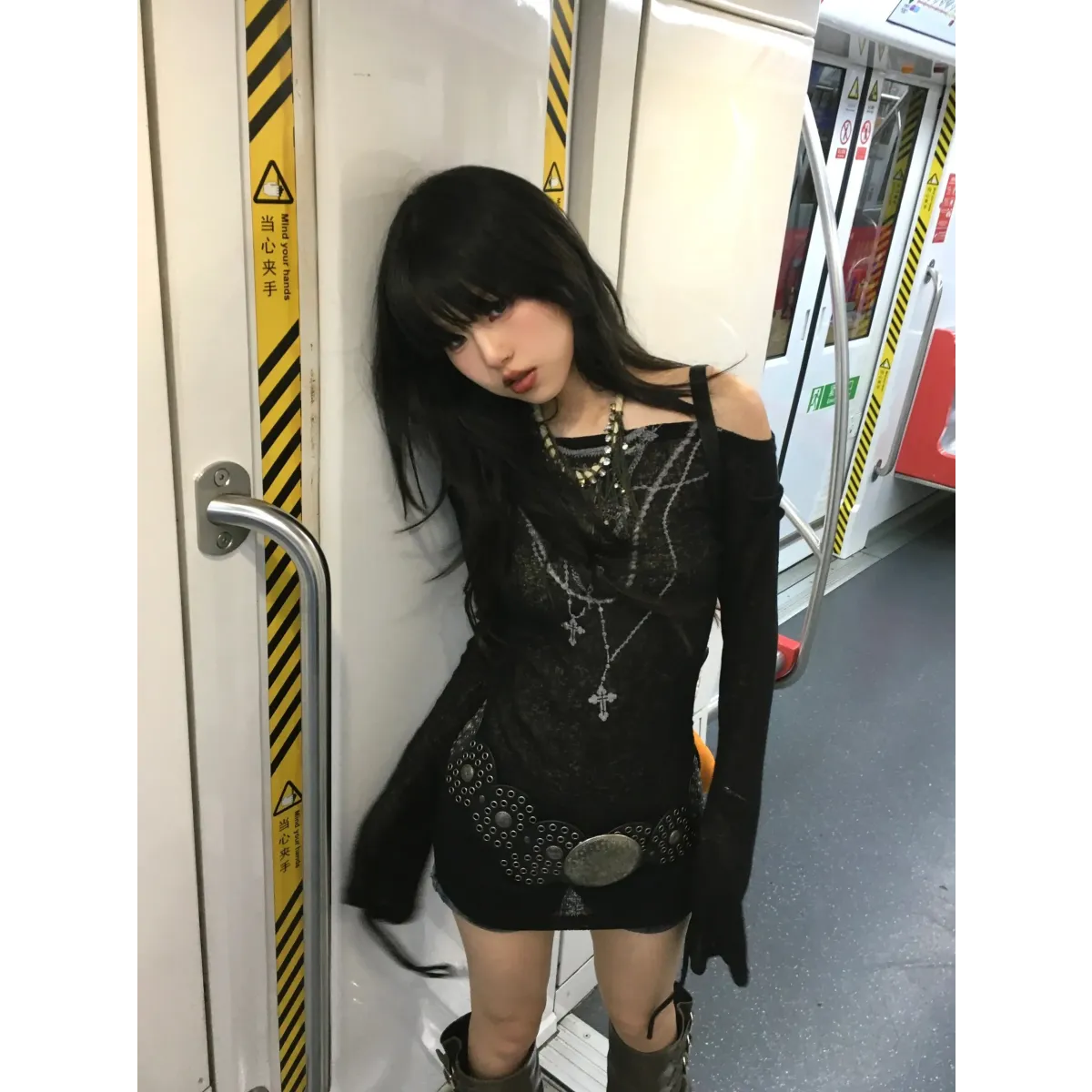 Japanese Knitted Grunge Tattoo Print Long Sleeve T-shirt