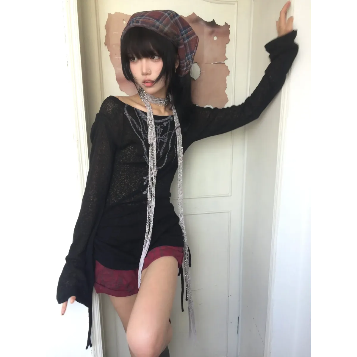 Japanese Knitted Grunge Tattoo Print Long Sleeve T-shirt