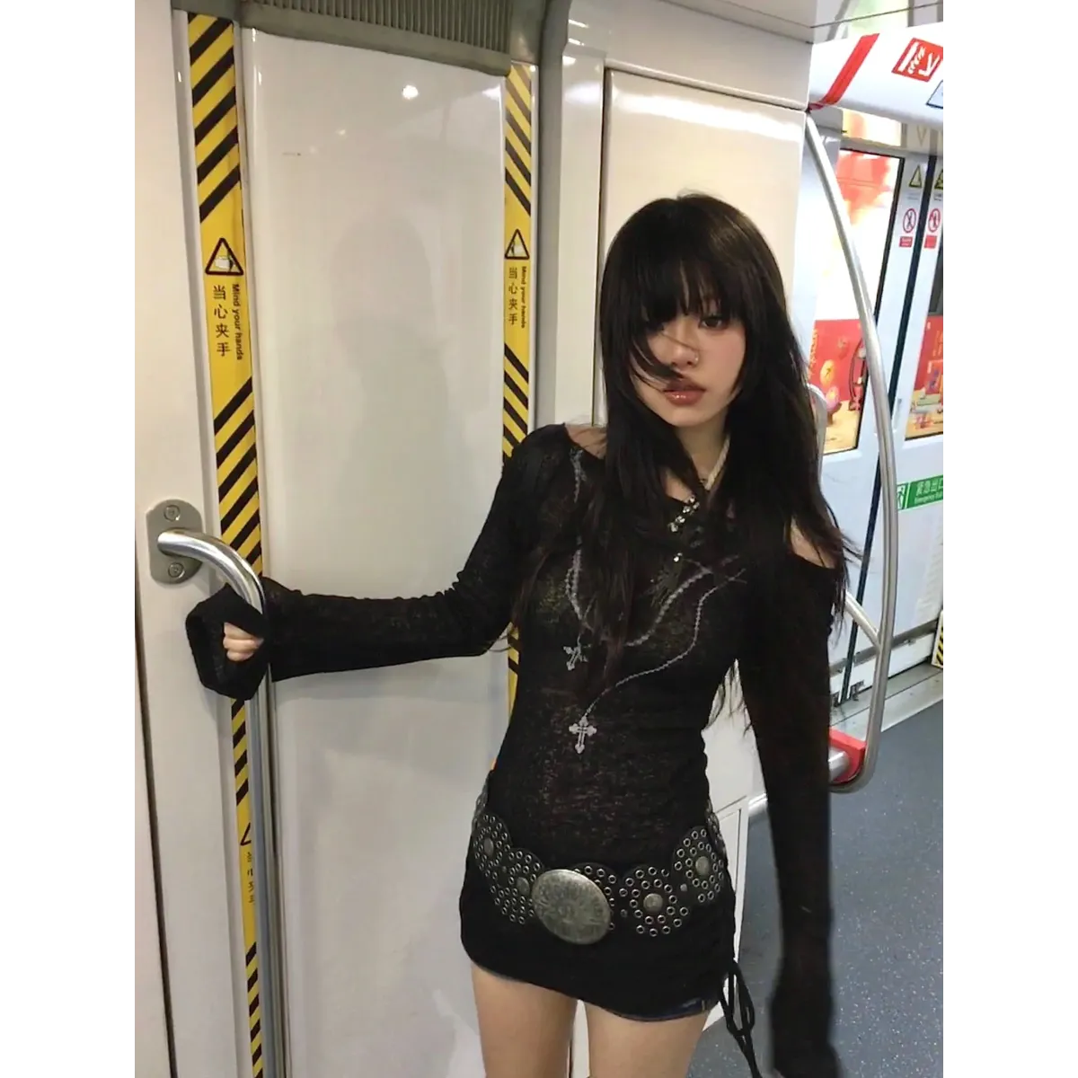 Japanese Knitted Grunge Tattoo Print Long Sleeve T-shirt