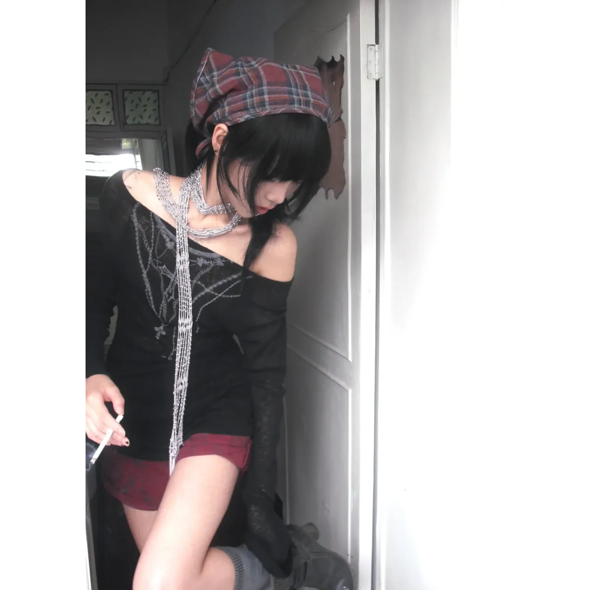 Japanese Knitted Grunge Tattoo Print Long Sleeve T-shirt