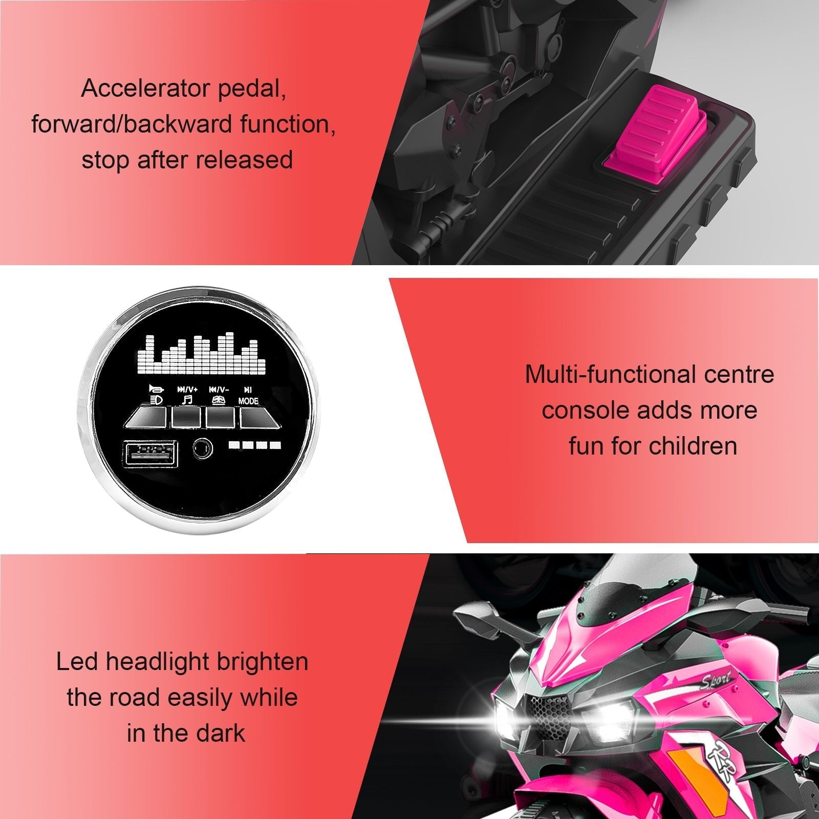 Kids Powered Ride-ons Toy, Kids Motorcycle for 3-6 Years, 12V Electric Ride on Motorcycle with Light Wheel & Bluetooth Music-Pink