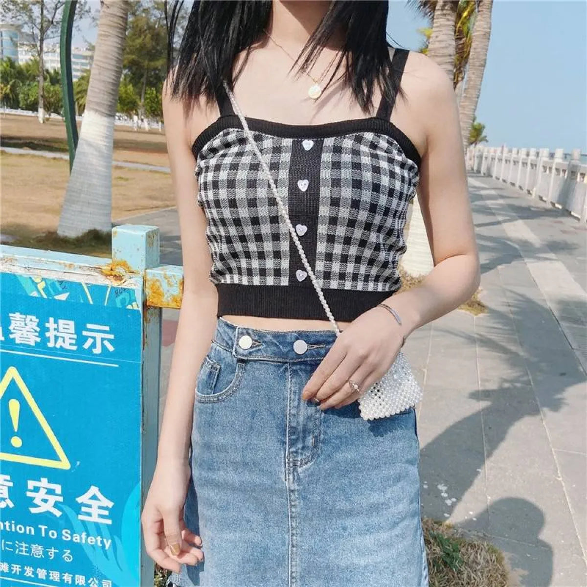 Knitted Plaid Crop Top