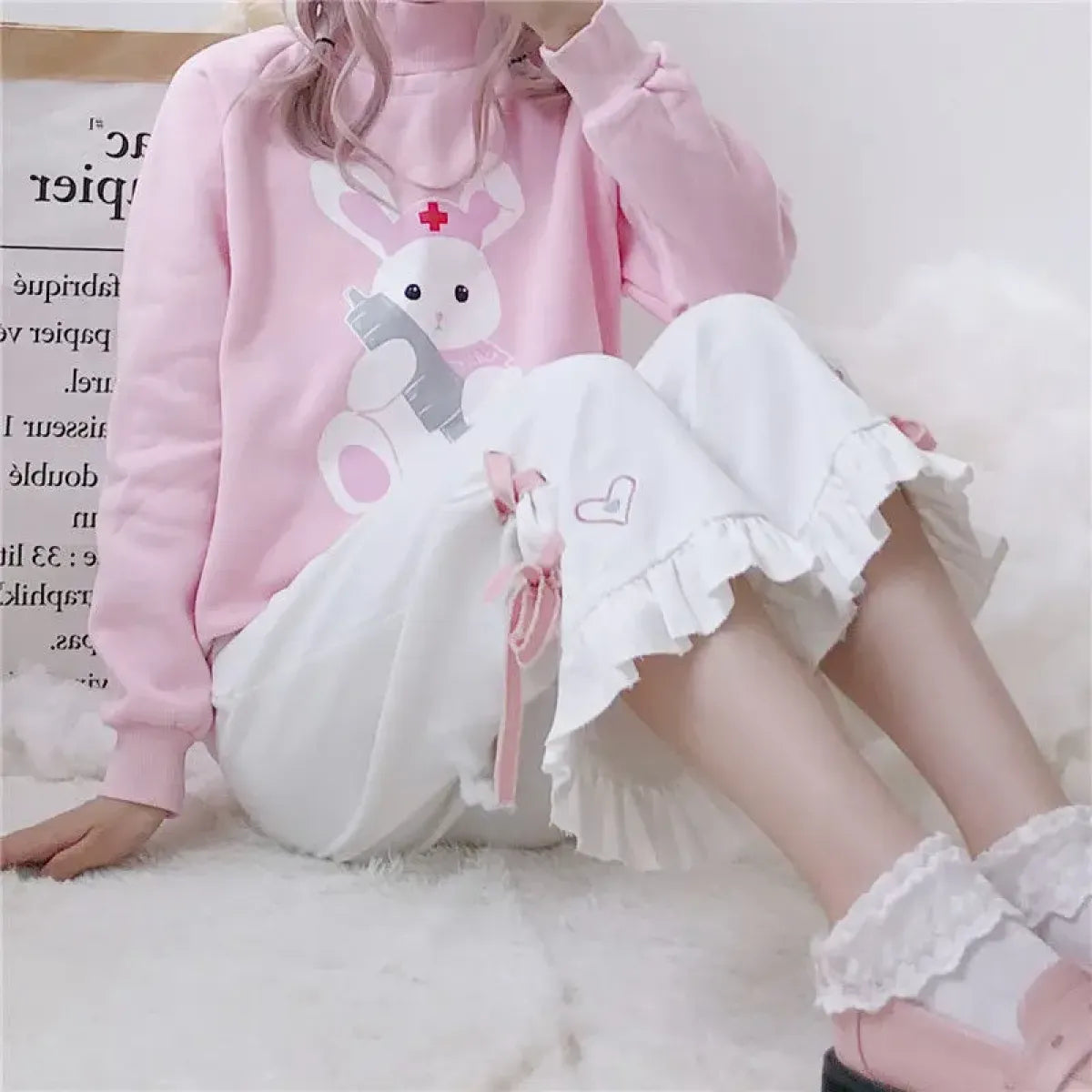 Korean Black Bunny Print Wide Leg Pants