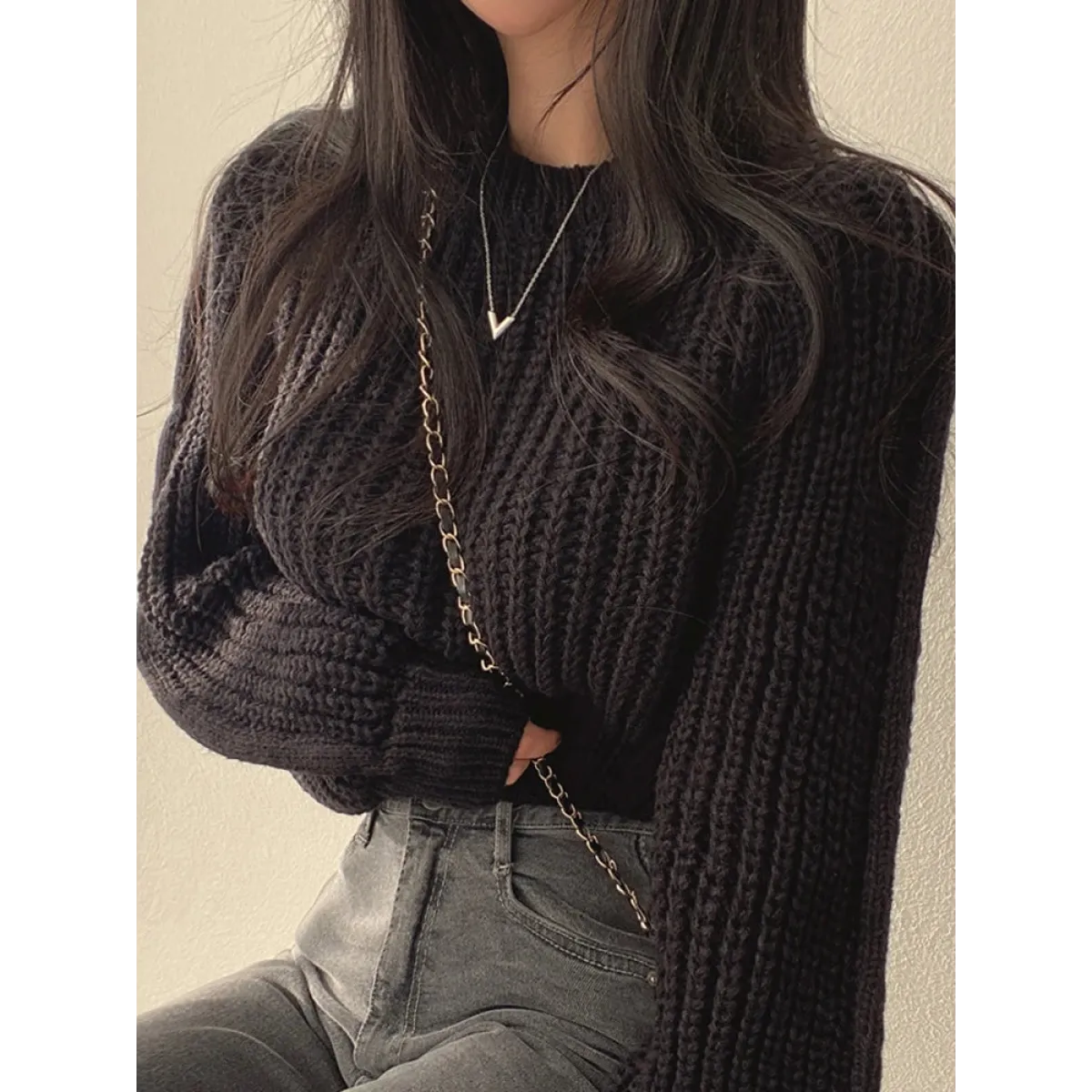 Lantern Long Sleeve Sweater - Vintage Korean Chic Fashion