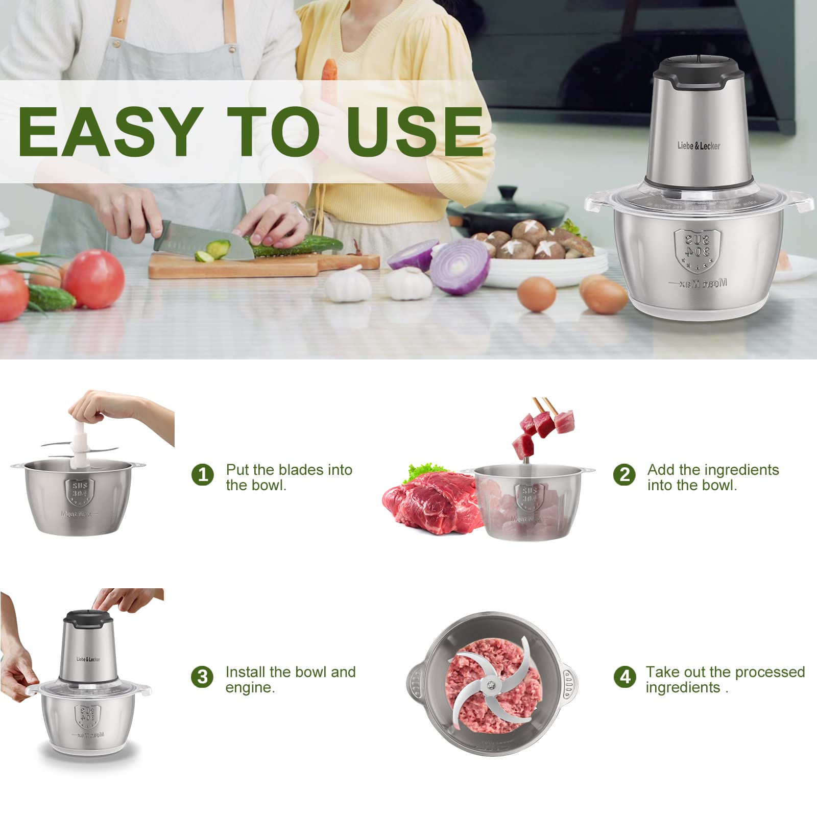Liebe&Lecker Food Processor, Meat Grinder with 2 Bowls 8 Cup and 8 Cup, Food Chopper Electric Vegetable Chopper with 4 Large Sharp Blades for Fruits, Meat, Vegetables, Baby Food, Nuts, 2 Speed.