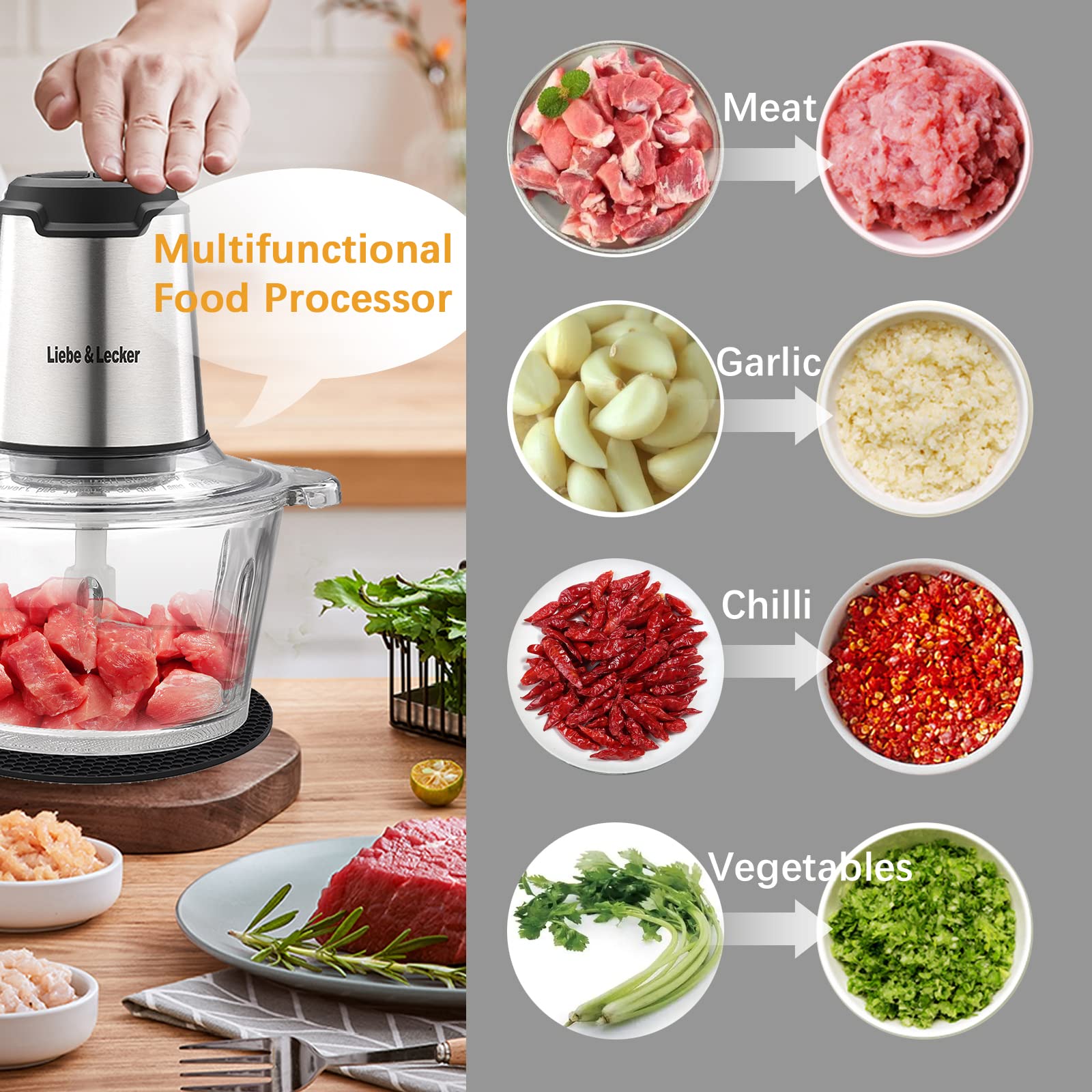 Liebe&Lecker Food Processor, Meat Grinder with 2 Bowls 8 Cup and 8 Cup, Food Chopper Electric Vegetable Chopper with 4 Large Sharp Blades for Fruits, Meat, Vegetables, Baby Food, Nuts, 2 Speed.
