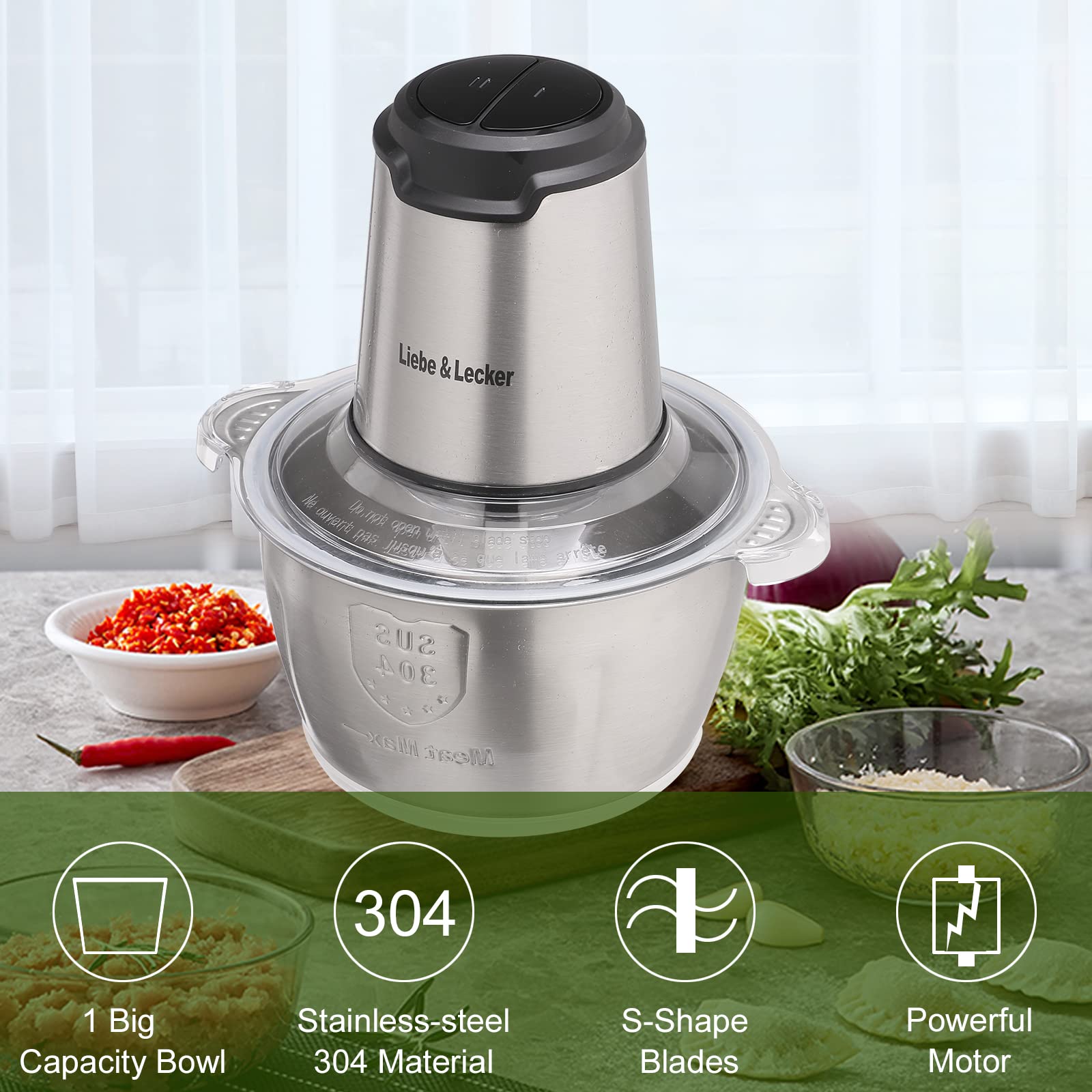 Liebe&Lecker Food Processor, Meat Grinder with 2 Bowls 8 Cup and 8 Cup, Food Chopper Electric Vegetable Chopper with 4 Large Sharp Blades for Fruits, Meat, Vegetables, Baby Food, Nuts, 2 Speed.