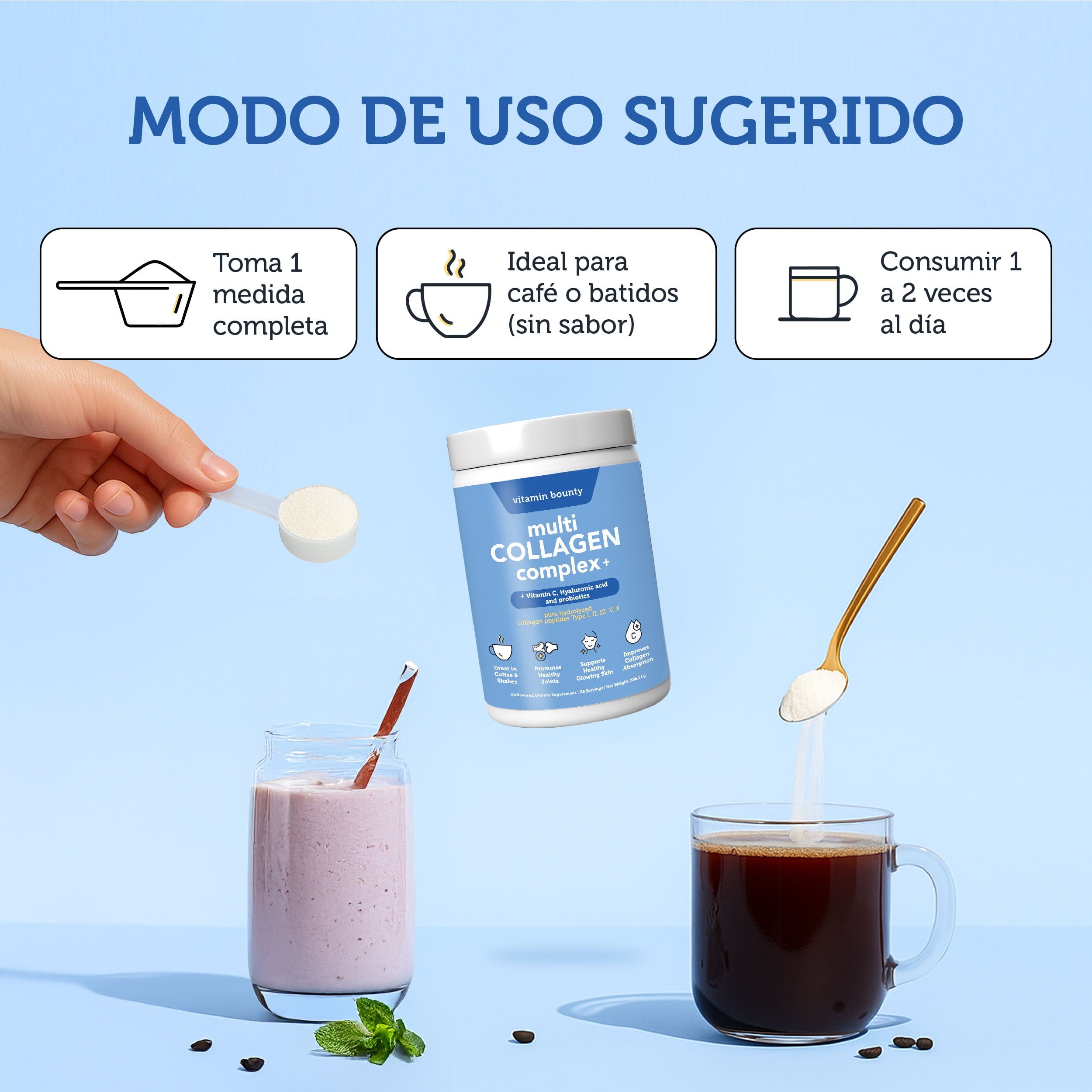 Colageno Hidrolizado 5 en 1 con Ácido Hialurónico, Vitamina C y Probióticos