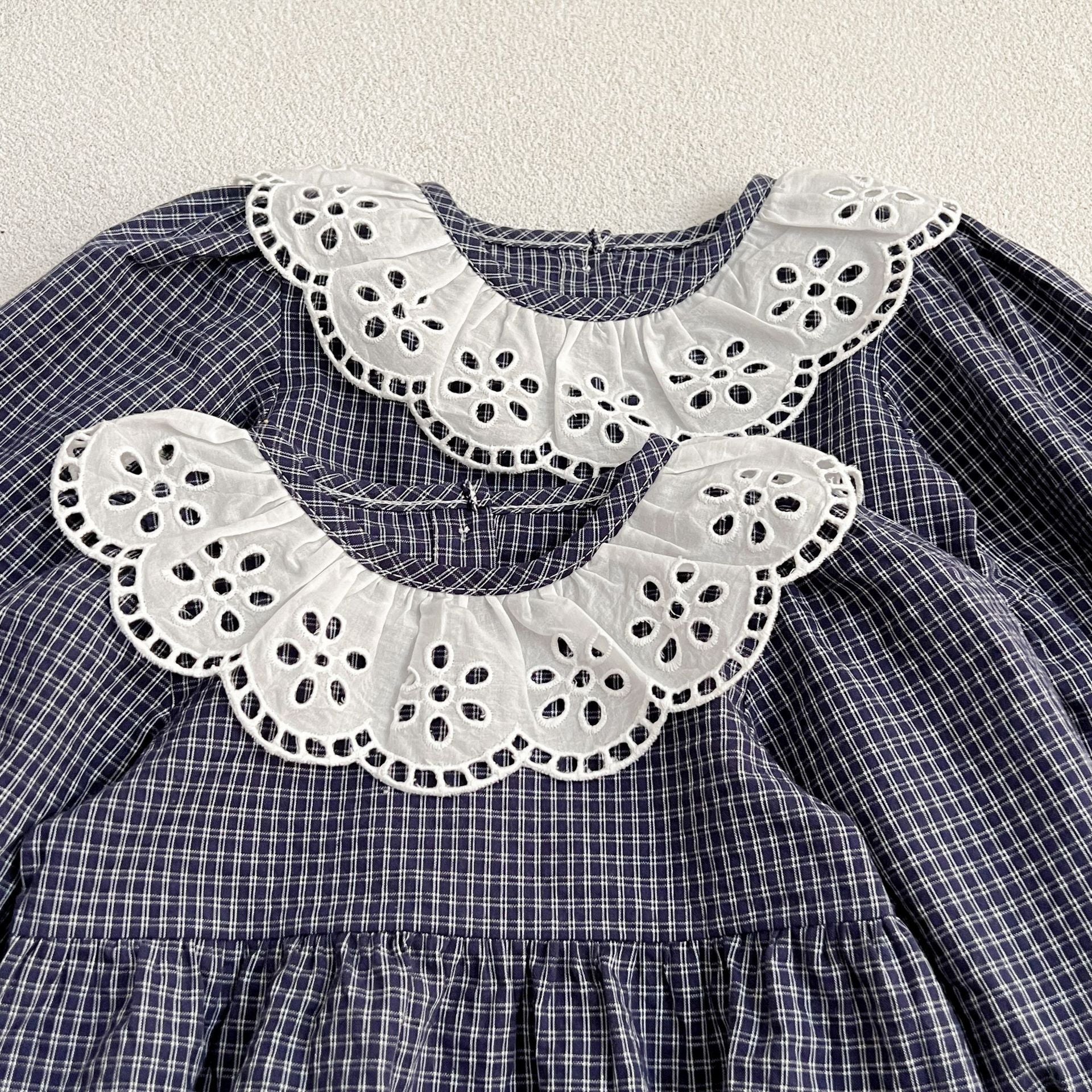 Lace Collar Grid Pattern Long Sleeve Bodysuit OR Dress For Toddler