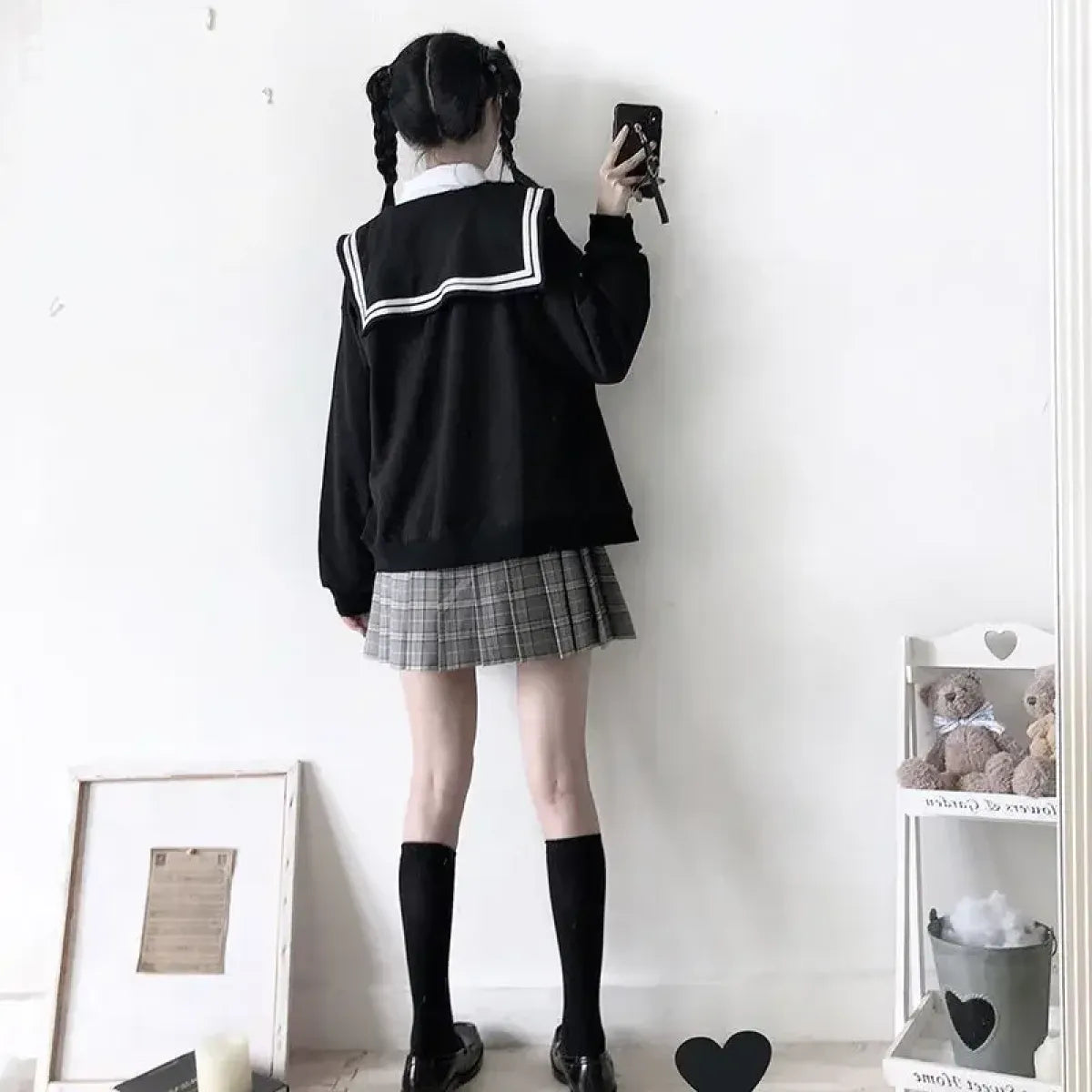 Black Sailor Collar Hoodie – Kawaii Preppy Lolita Sweatshirt