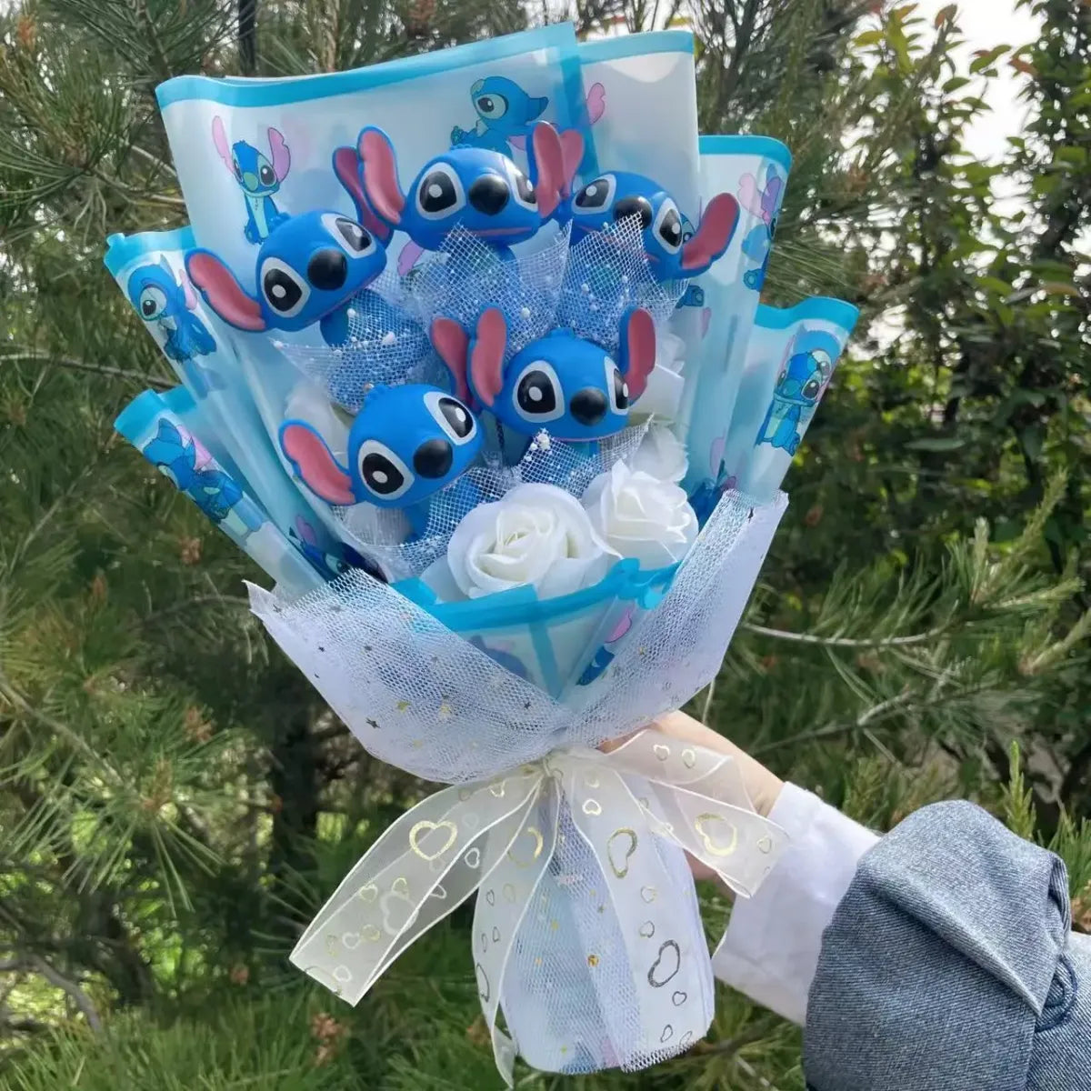 Kawaii Cartoon Vinyl Doll Bouquet – Stitch, Pikachu, Rilakkuma Gift Set