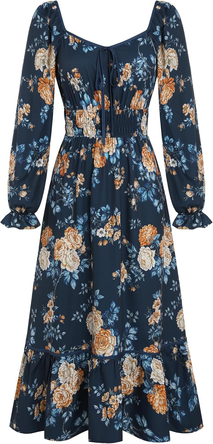 ZAFUL Womens Fall Floral Midi Dress Casual Square Neck Ruffle Long Sleeve Smocked Boho Flowy A Line Long Wedding Guest Dresses Navy Blue X-Large